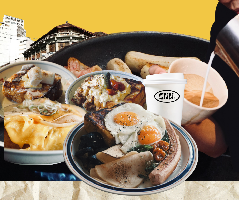 A collage of chucafe8 signatures: eggs, toast, sandwiches, sausage and coffee